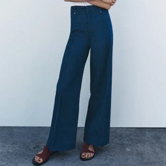 Zara Hi Waist Wide Leg Denim Pants Size 6 - Picture 1 of 12